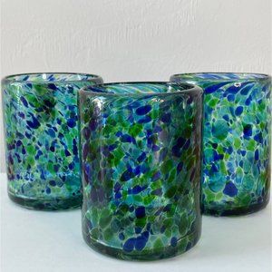 Handblown Mexican Glass Blue Green Confetti Low Ball Glasses 4" Tall Set of 3